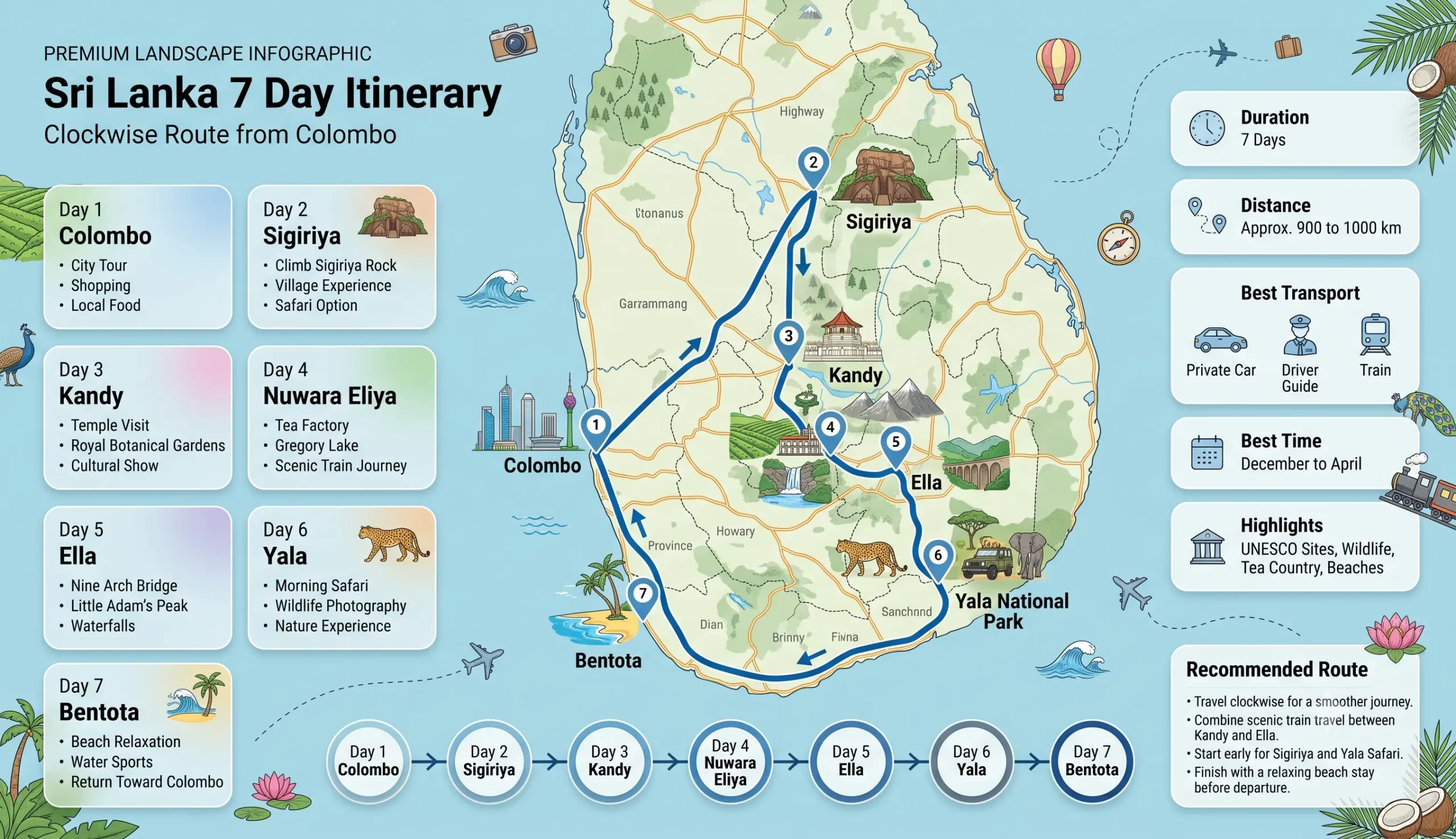 Sri Lanka 7 day itinerary - clockwise route map from Colombo through Sigiriya, Kandy, Nuwara Eliya, Ella, Yala to Bentota