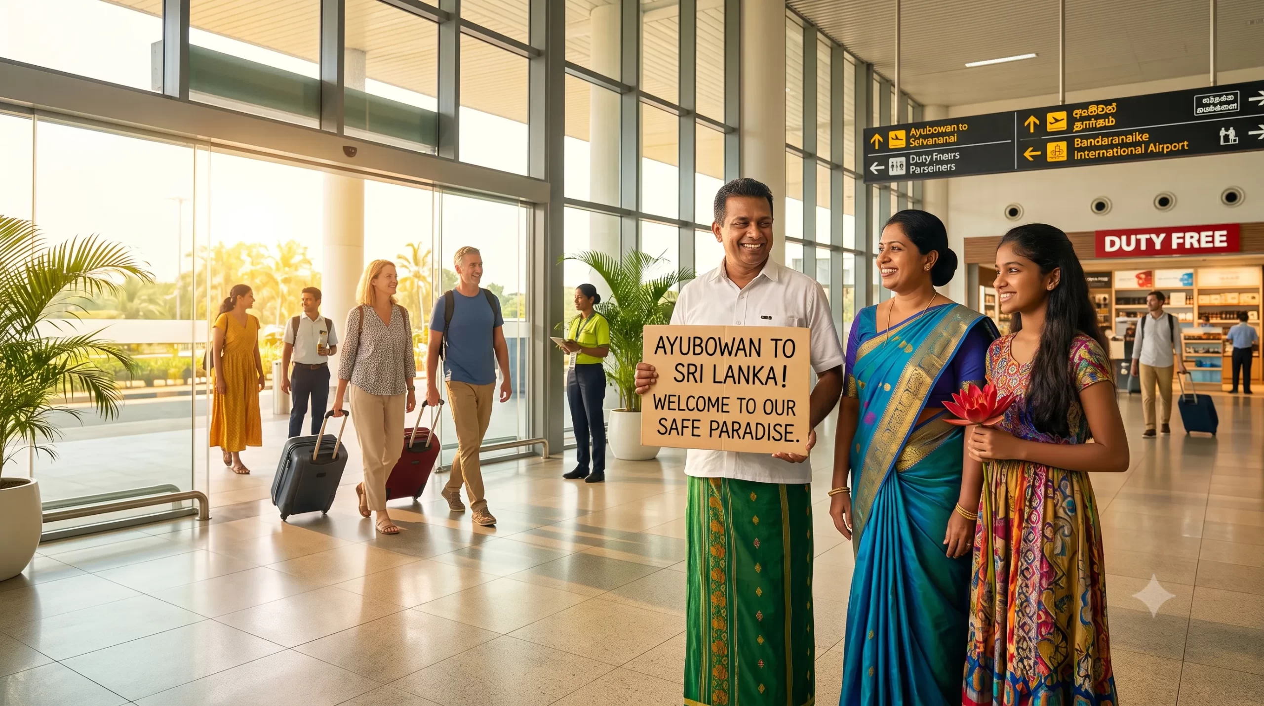 is Sri Lanka safe for tourists - smiling Sri Lankan family greeting visitors at airport