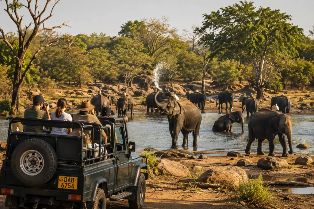 Yala safari tour package - safari jeep watching a herd of elephants at a waterhole