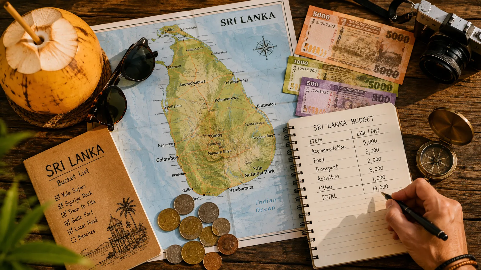 Sri Lanka budget travel - traveler planning a trip with map, cash and a king coconut