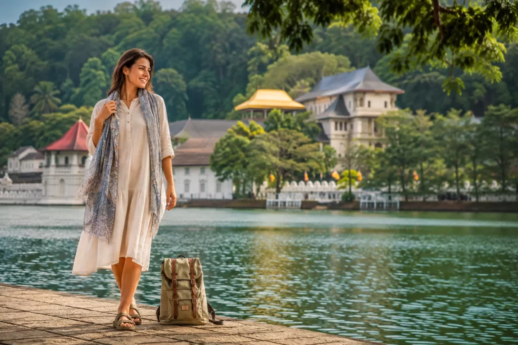 Sri Lanka packing list women - traveler in a modest maxi dress with a scarf at Kandy Lake