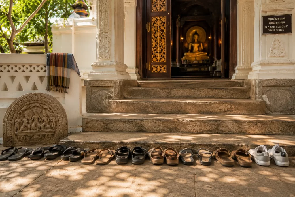 what to wear in Sri Lanka temples - row of sandals left outside a temple entrance