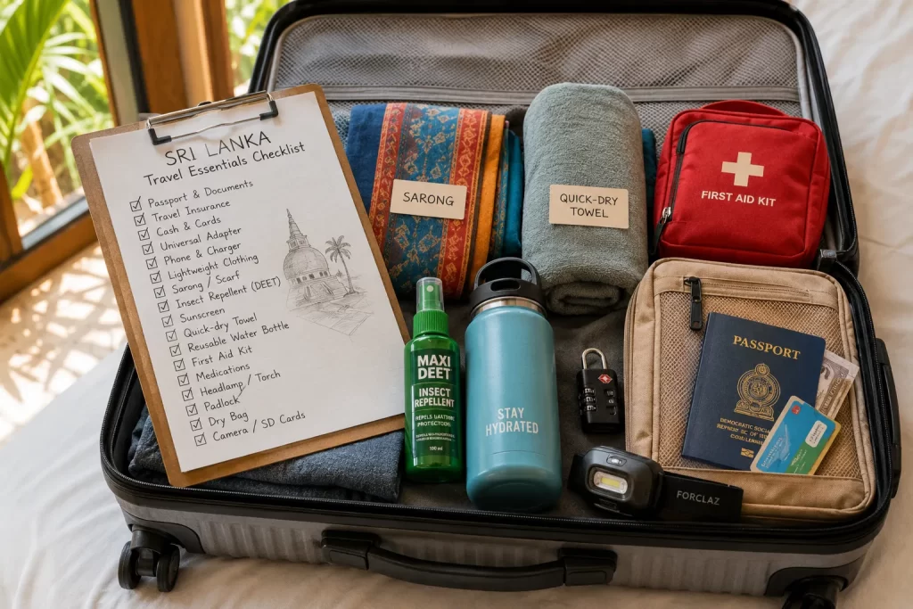 Sri Lanka travel essentials checklist - open suitcase with organized travel gear