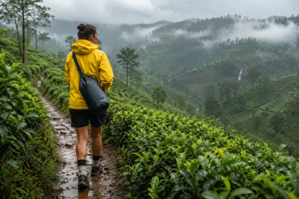 Sri Lanka rainy season packing - hiker in a yellow rain jacket on a tea-country trail