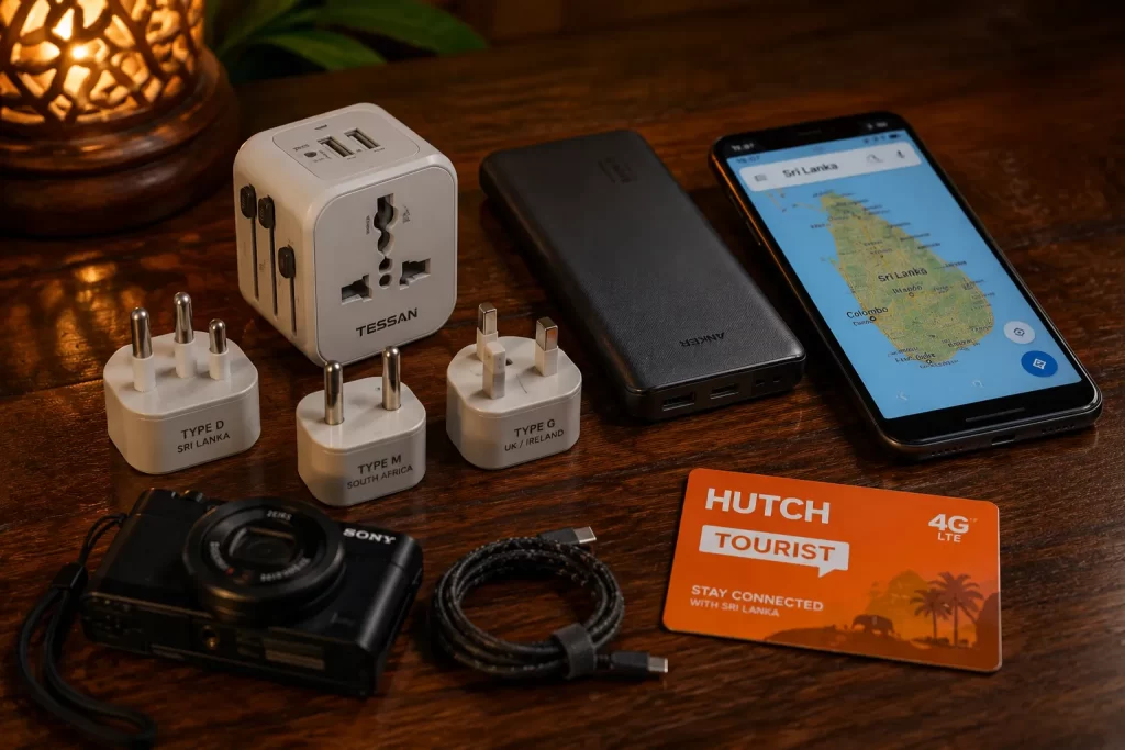 Sri Lanka electronics and adapters - universal adapter, power bank and phone on a wooden table
