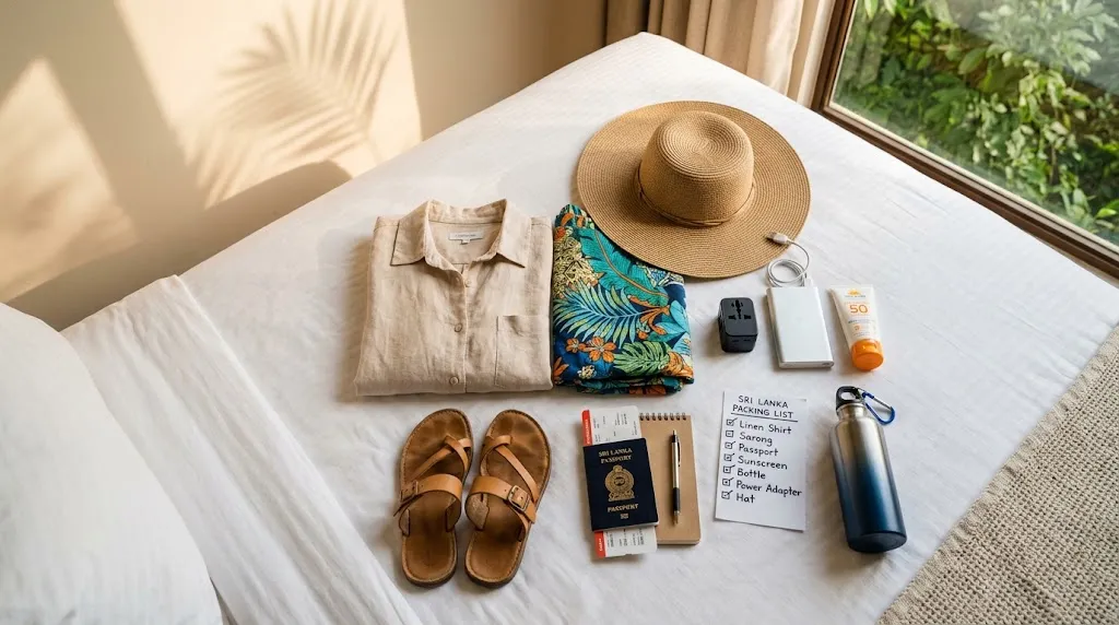 what to pack for Sri Lanka - travel essentials flat-lay on a white bed