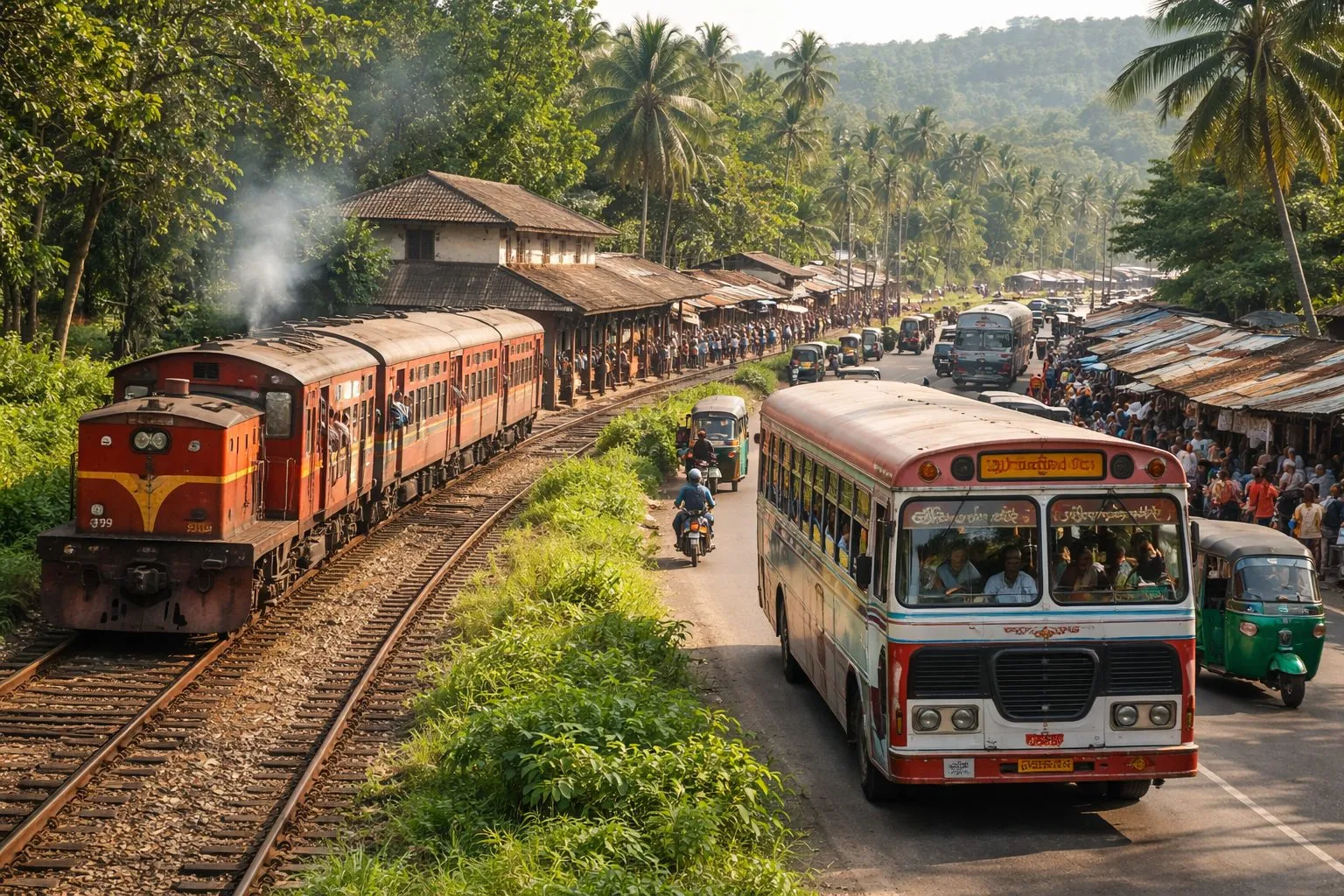 getting around Sri Lanka - blue train, tuk-tuk and bus on a coastal road