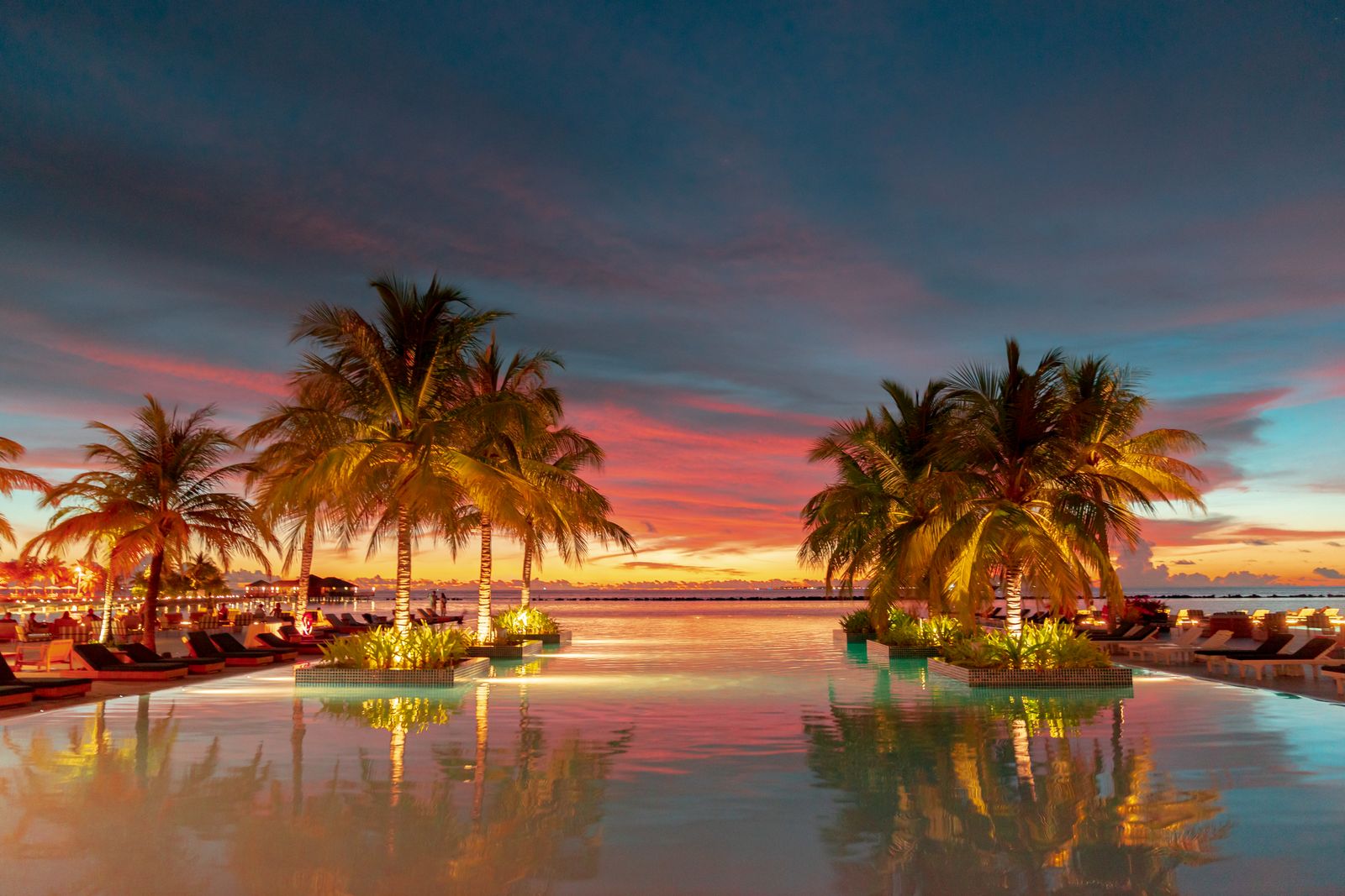 romantic honeymoon resorts in Sri Lanka - a tropical resort pool at sunset with palm trees