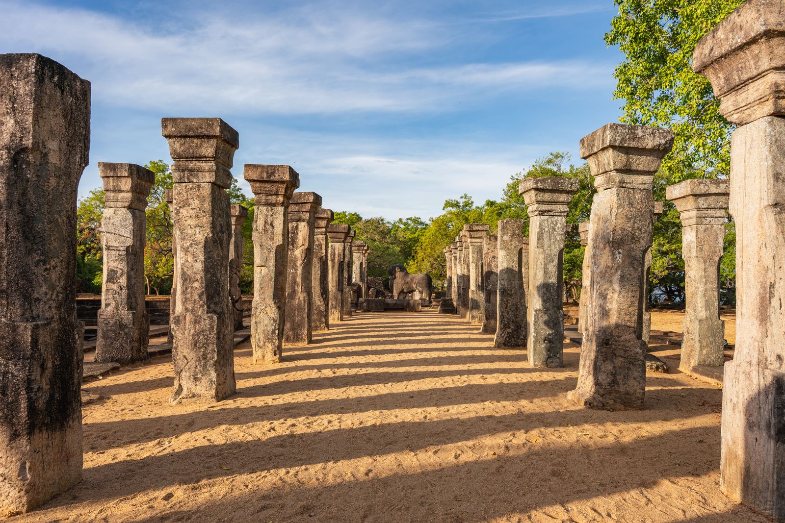 Polonnaruwa ancient city - historic stone columns of an ancient temple in the shaded ruins